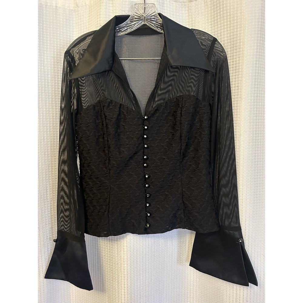 VTG Y2K Womens Blouse Black Rhinestones Collared Size 8